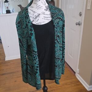 JM Collection Teal and Black Paisley Open-Front Cardigan